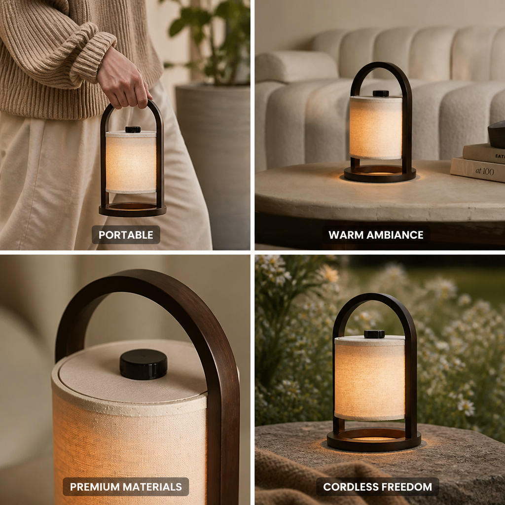 Wood-Finish Portable Fabric Shade LED Lamp