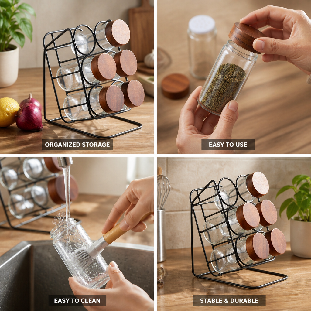 Slanted Wooden Stand Glass Spice Jar Set (Set of 6)