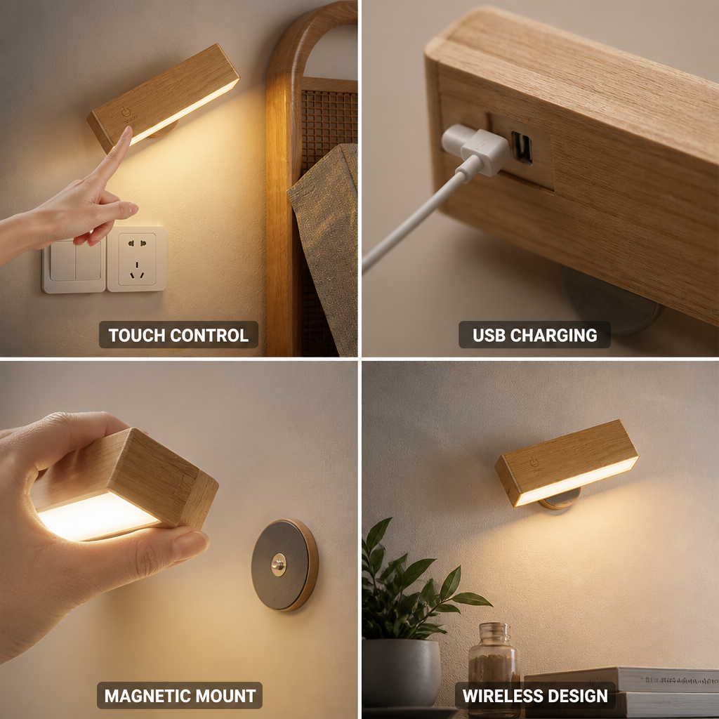 Solid Wood Touch Control Wall Lamp (USB Port)