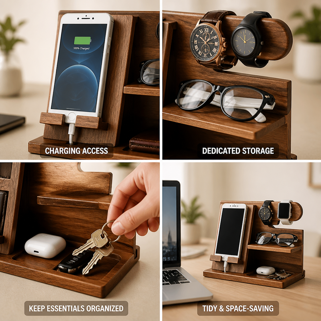 Solid Wood Phone Stand & Watch Dock Desk Organizer (Glasses Tray)