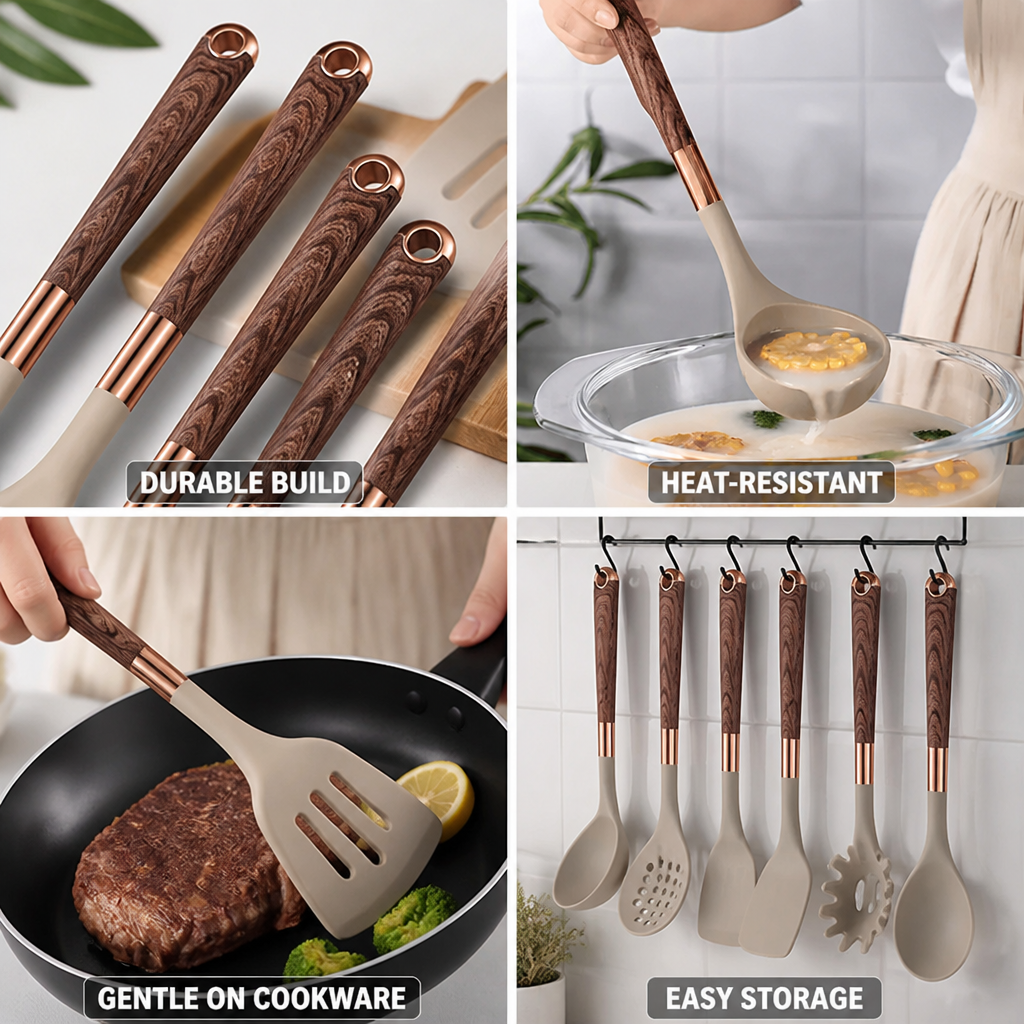 Silicone-Head Utensil Set with Wood & Copper Handles