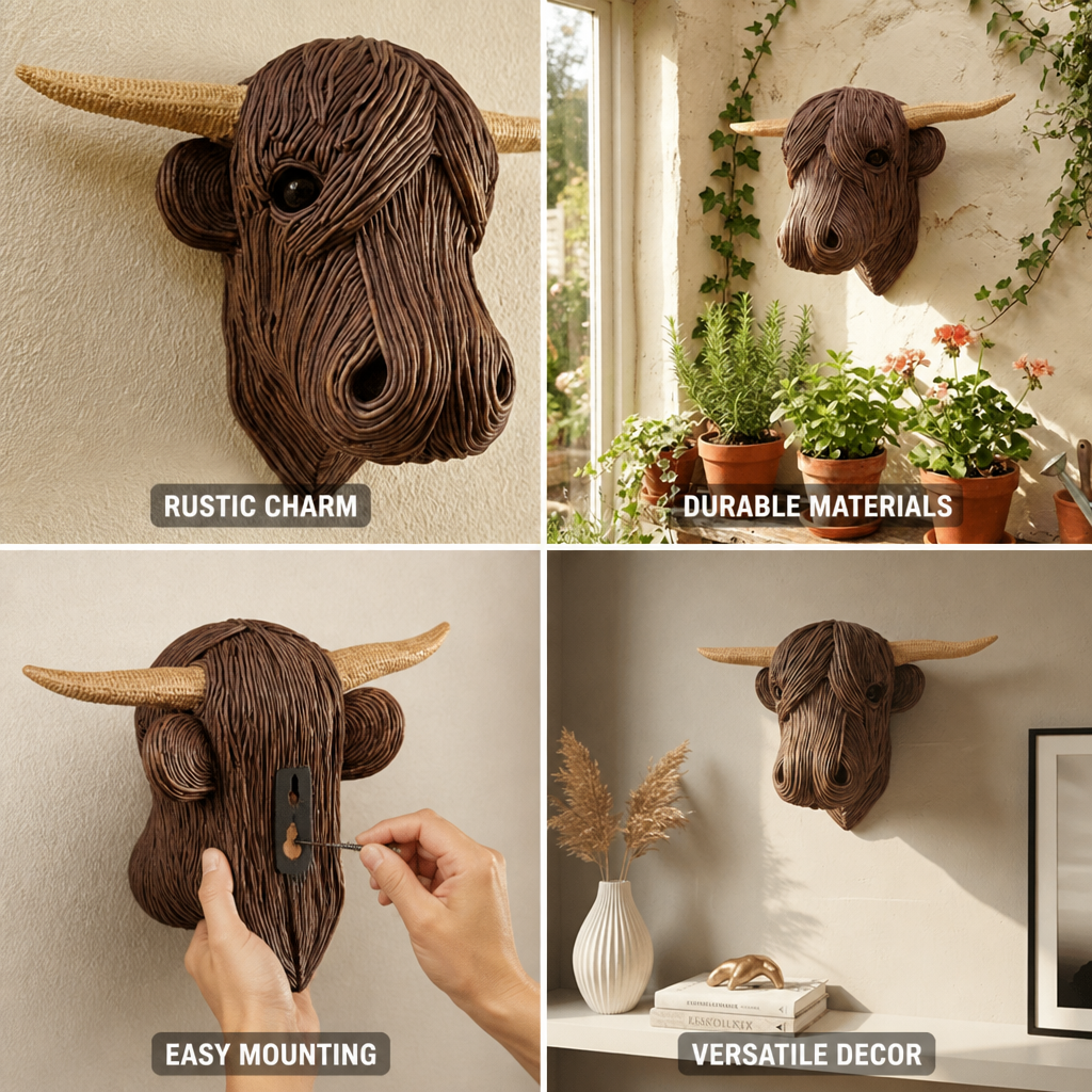 Rustic Farmhouse Resin & Metal Cow Wall Art (Wall Bracket Included)