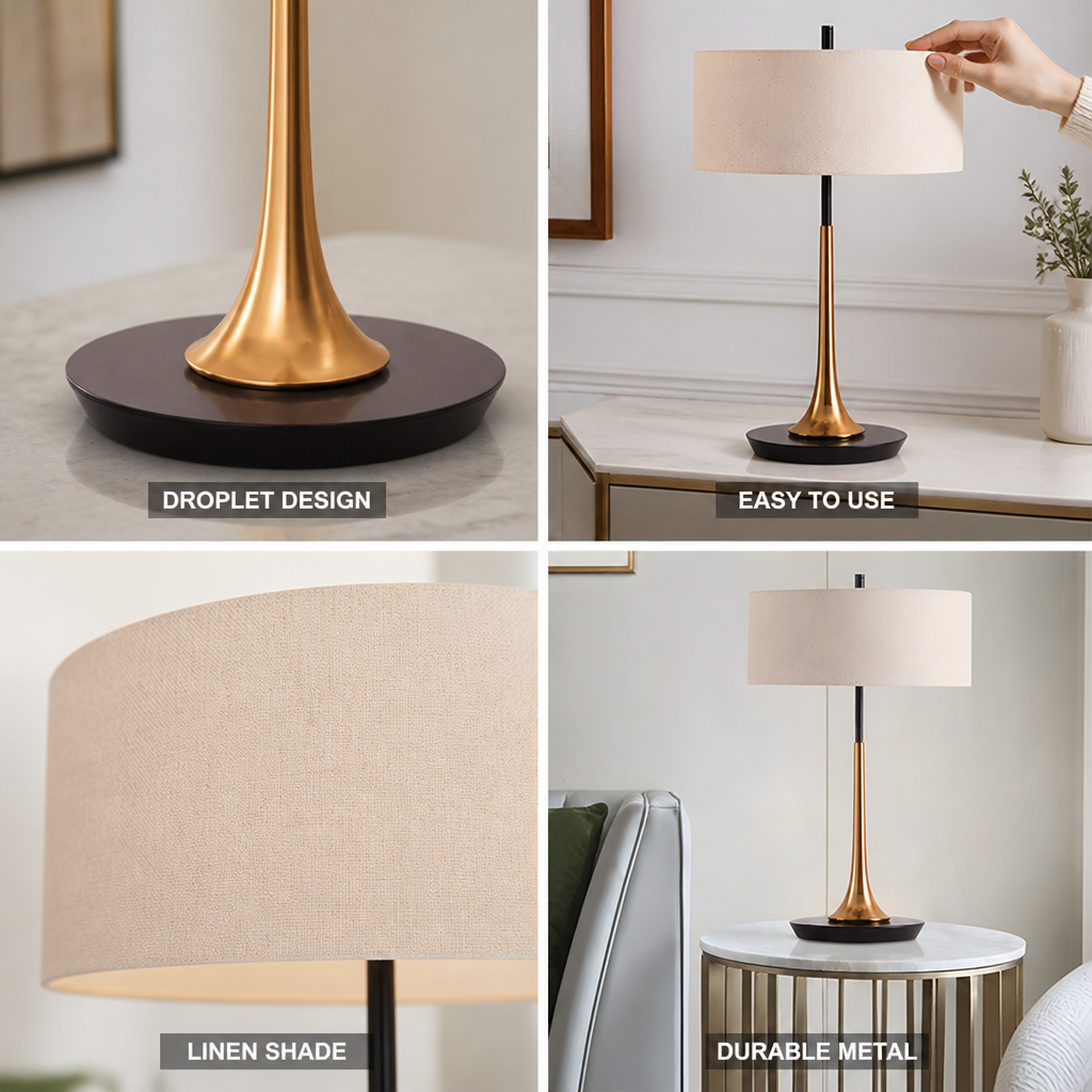 Droplet-Shaped Metal Table Lamp (Linen Shade)