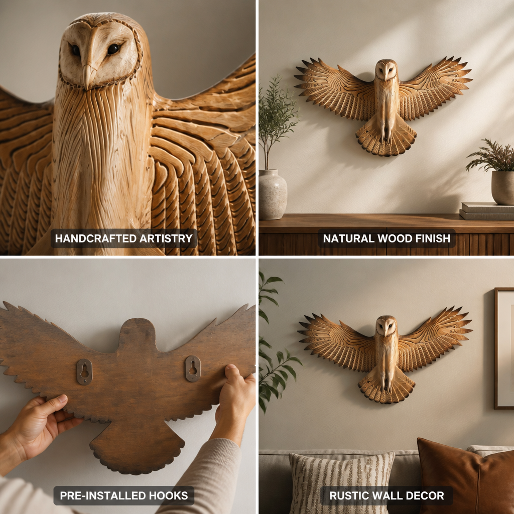 Handcrafted Natural Wood Owl Wall Sculpture (Pre-Installed Hooks)
