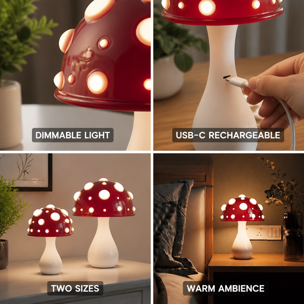 Dimmable LED Mushroom Table Lamp (USB-C Rechargeable)