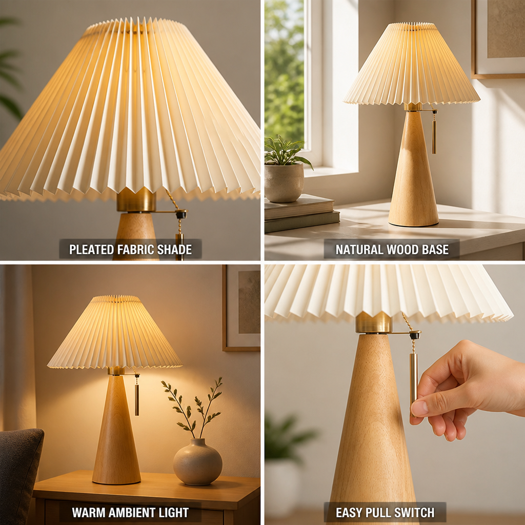 Pleated Fabric Shade & Conical Wood Base Table Lamp (Diameter 40cm x Height 50cm)