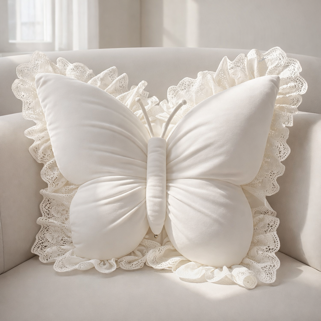 Charming Butterfly-Shaped Cushion with Lace Accents