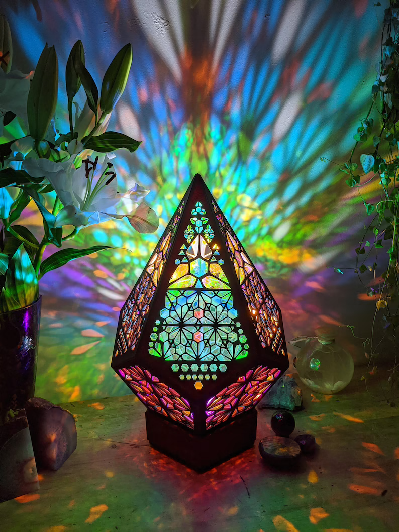 LED Table Lamp with Glass and Leaded Design