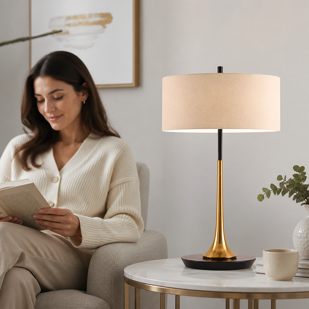 Droplet-Shaped Metal Table Lamp (Linen Shade)