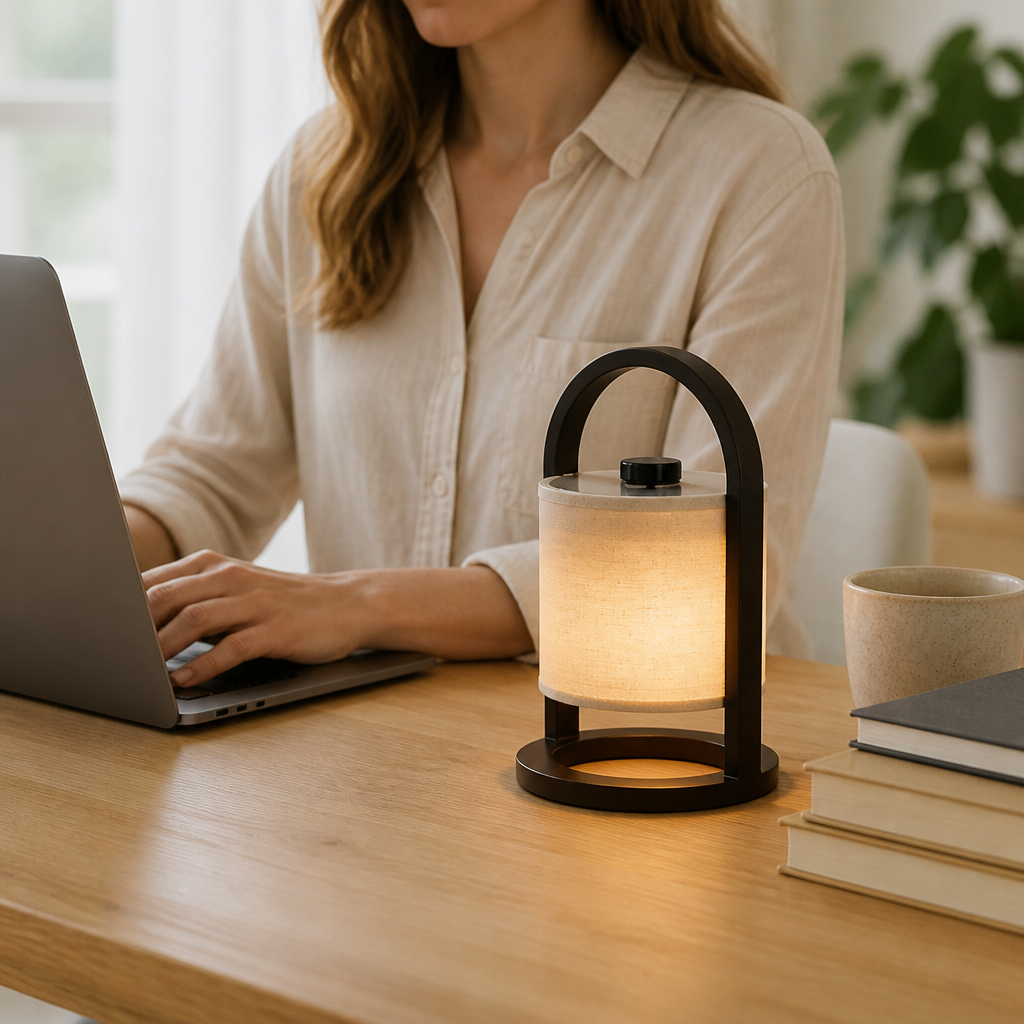 Wood-Finish Portable Fabric Shade LED Lamp