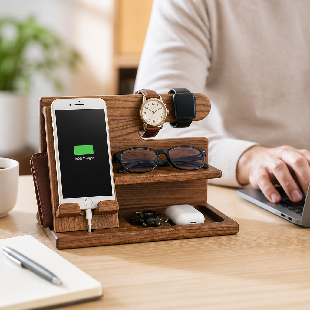 Solid Wood Phone Stand & Watch Dock Desk Organizer (Glasses Tray)
