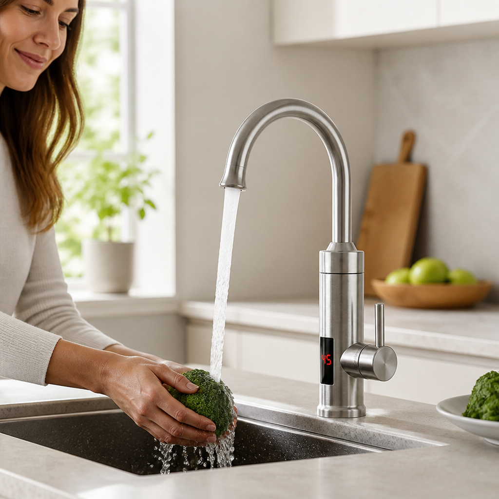 Slender Curved Polished Metal Single-Lever Kitchen Faucet