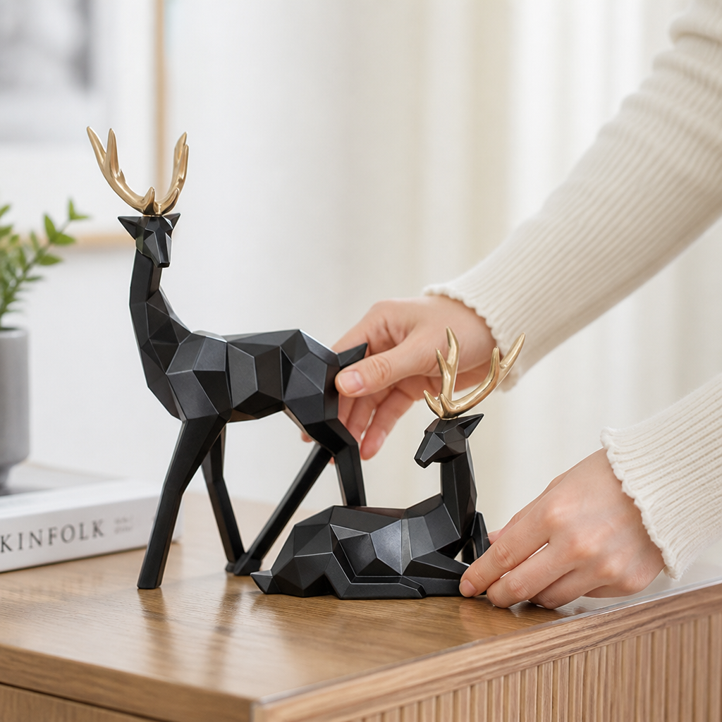 Scandinavian Resin Reindeer Figurines (Sitting & Standing Pair)