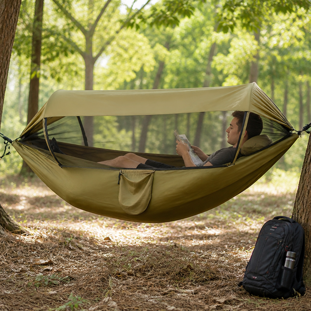Integrated Mosquito Net & Built-In Sunshade Camping Hammock