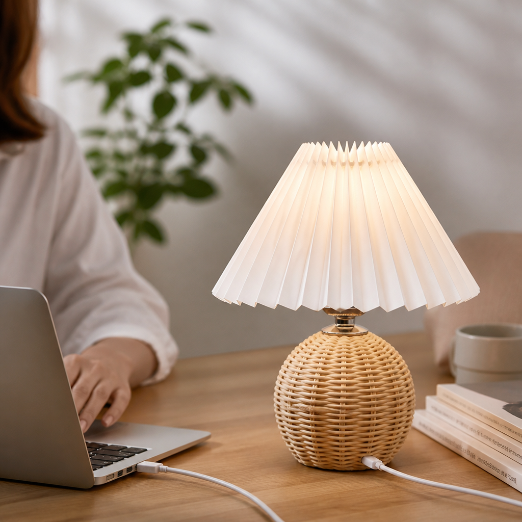 Pleated Fabric Shade & Rattan Base Table Lamp (USB Plug-In)