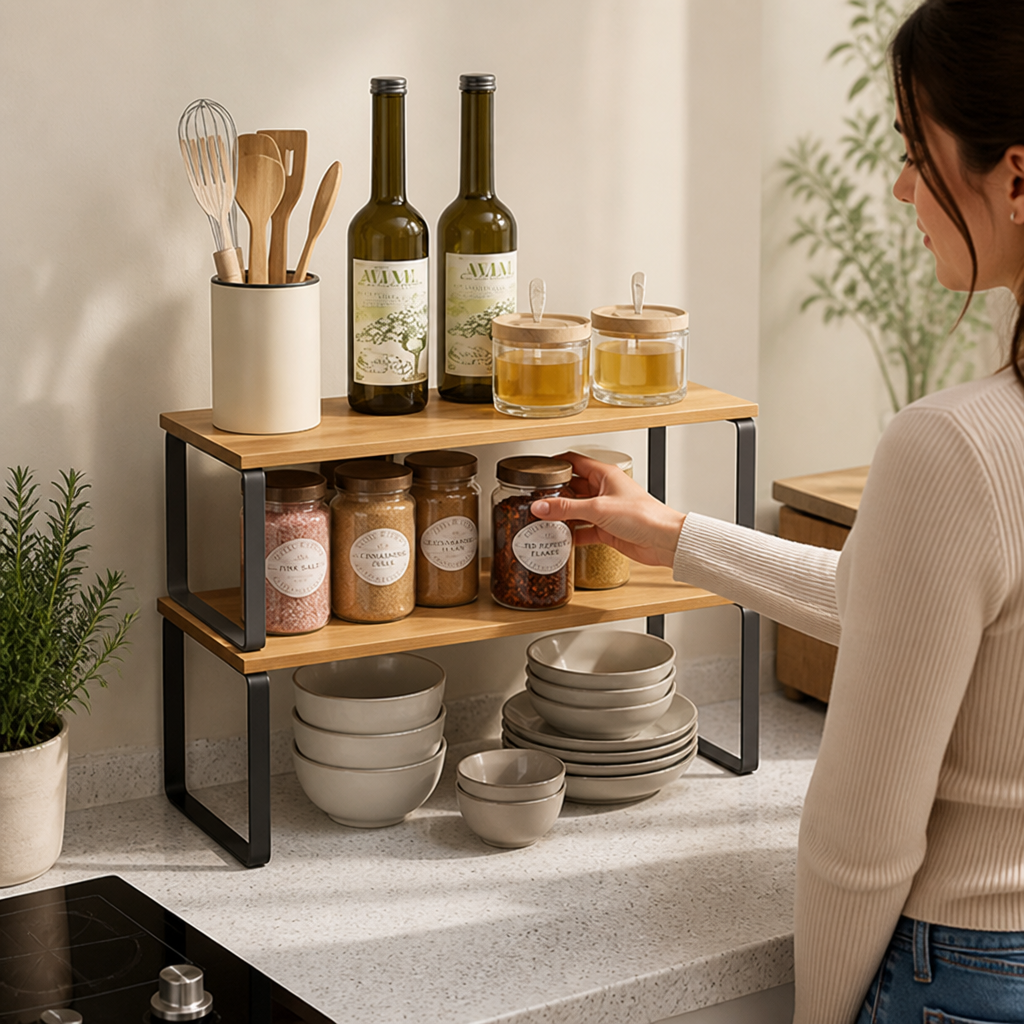 Stackable & Adjustable Metal Kitchen Shelf Organizer (Engineered Wood Shelves)