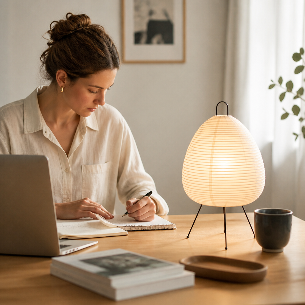 Japanese Paper Shade Table Lamp with Metal Tripod Base (LED)