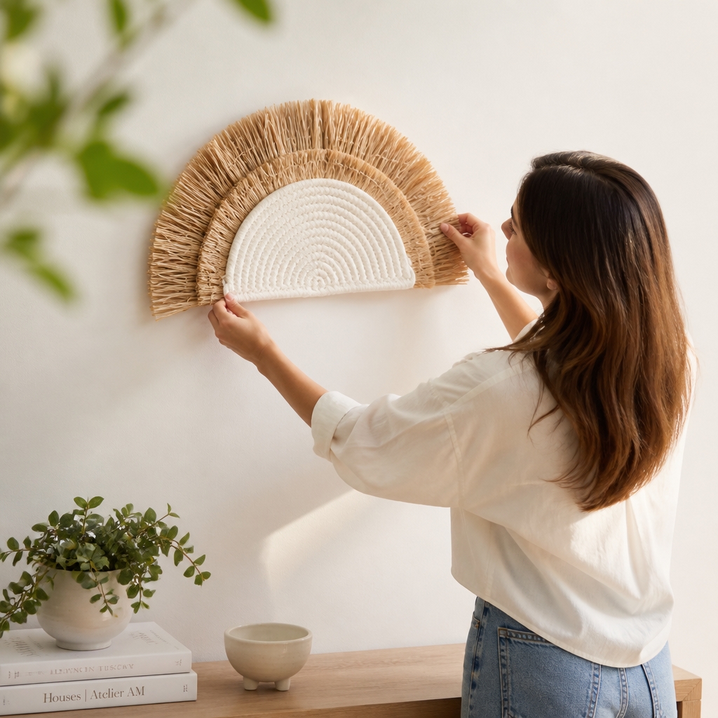 Handwoven Natural Straw & Cotton Wall Hanging