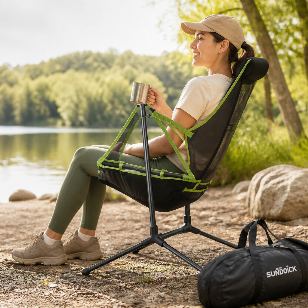 Reclining Outdoor Chair (Folding Frame, Headrest, Carrying Bag)