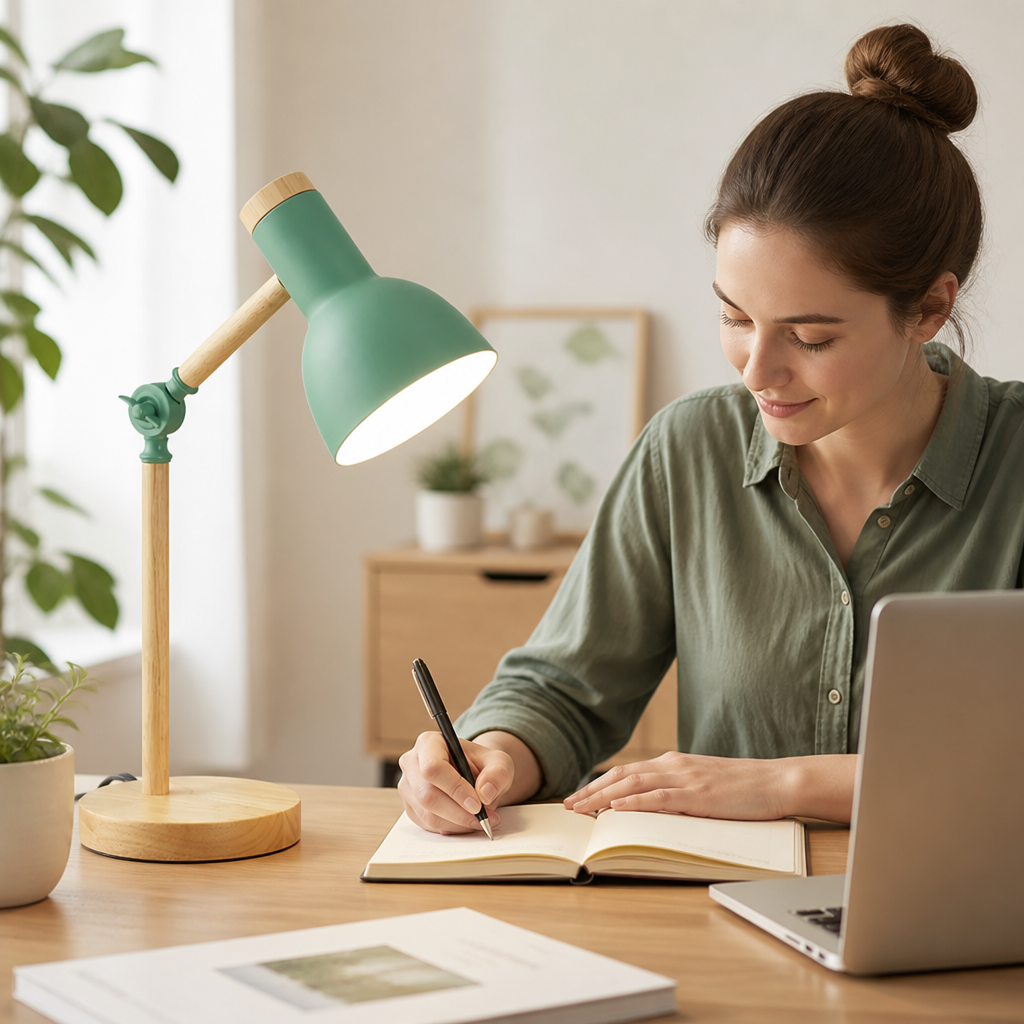 Adjustable Arm Wooden Desk Lamp with Metal Shade