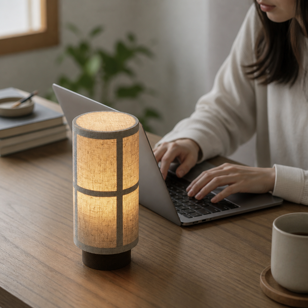 Cross-Pattern Linen Shade & Wood Base Table Lamp