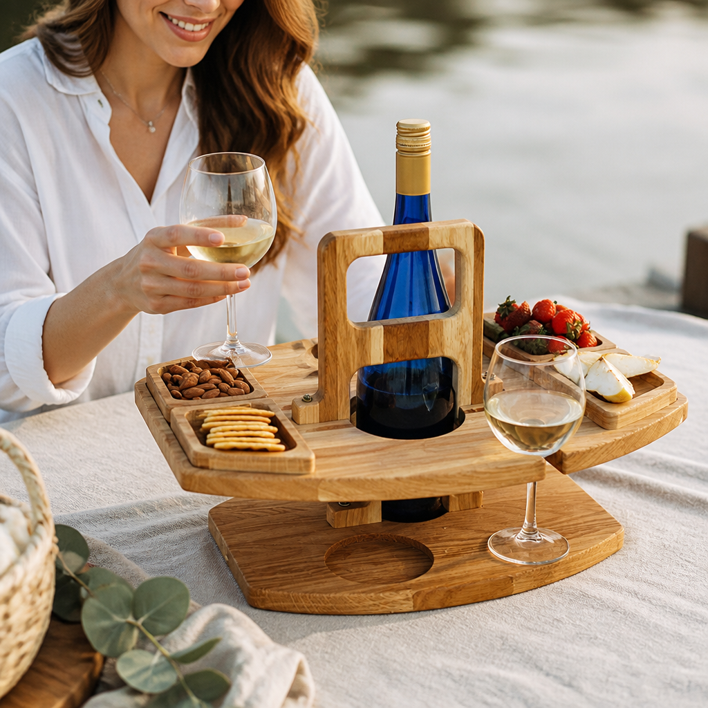 Wood-Grain Foldable Outdoor Table With Built-In Drink Holders (4 Snack Compartments)