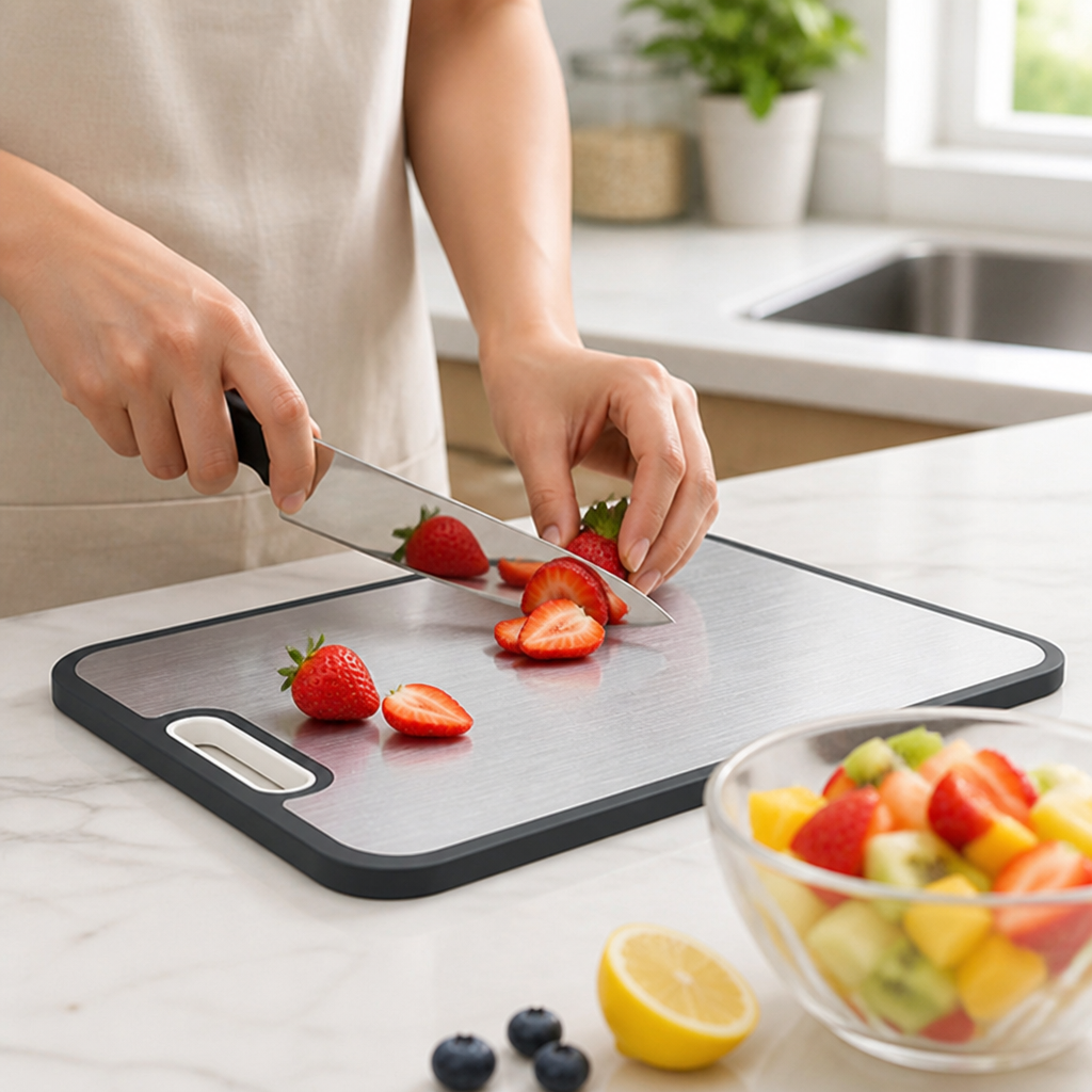 Dual-Sided Metal-Top & Juice-Groove Cutting Board (Hanging Hole)
