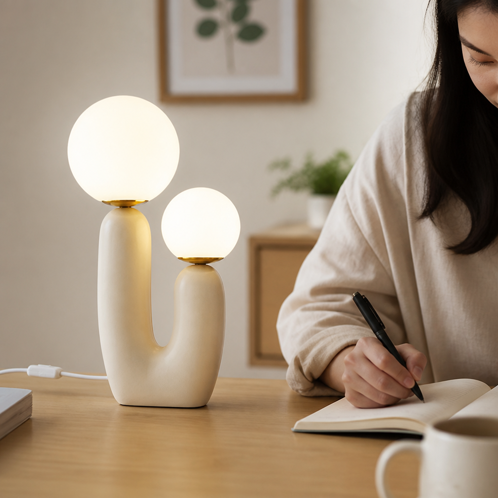 Cactus-Shaped Glass Shade Table Lamp with Resin Base