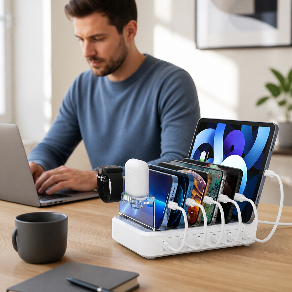 Multi-Port Charging Station with Adjustable Dividers