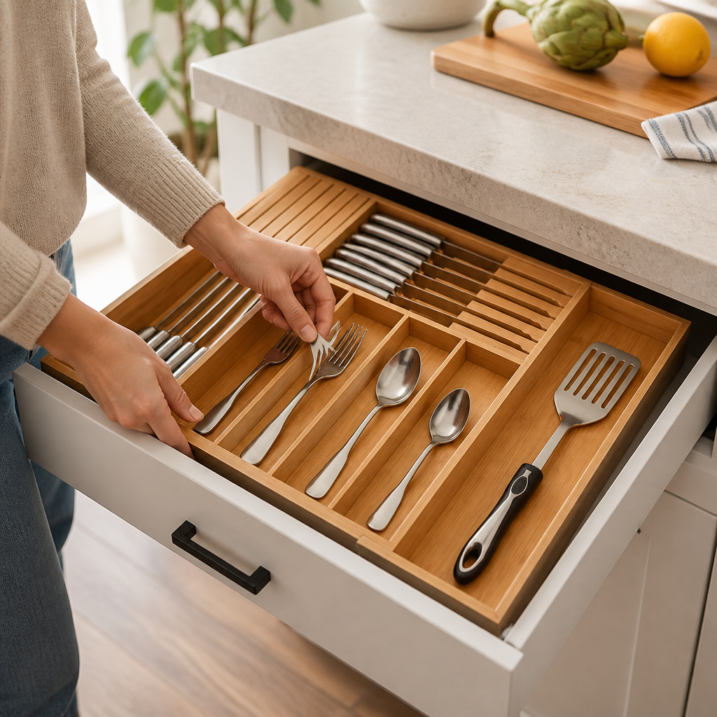 Bamboo Adjustable-Section Drawer Organizer