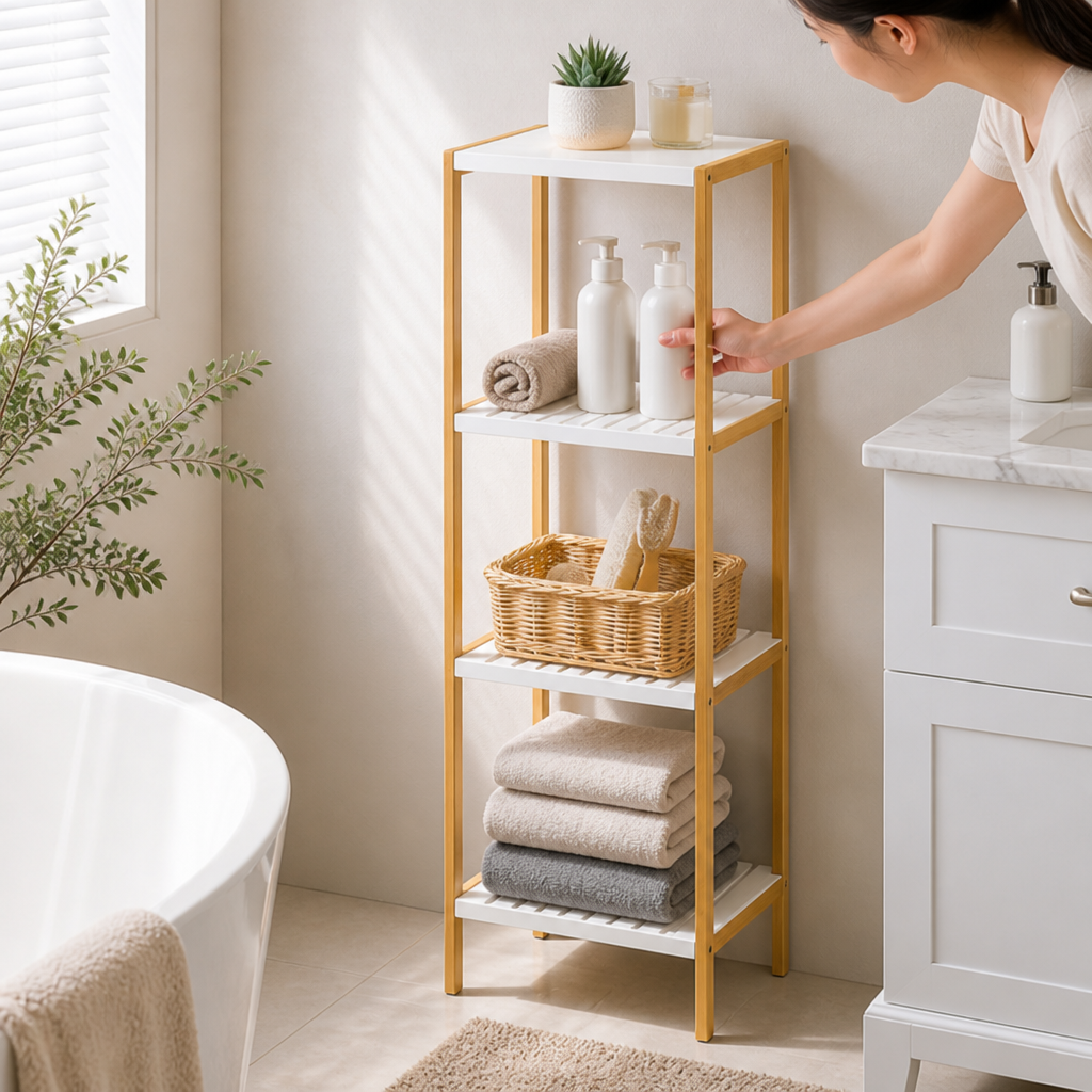 Vertical Bamboo Bathroom Organizer (4-Shelf)