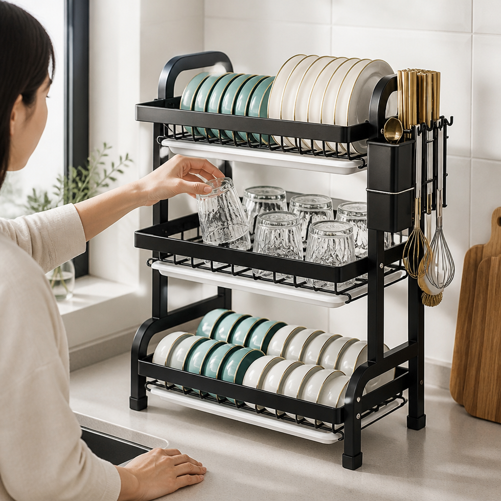 Space-Saving Vertical Metal Dish Rack (3-Tier, Adjustable Shelves)