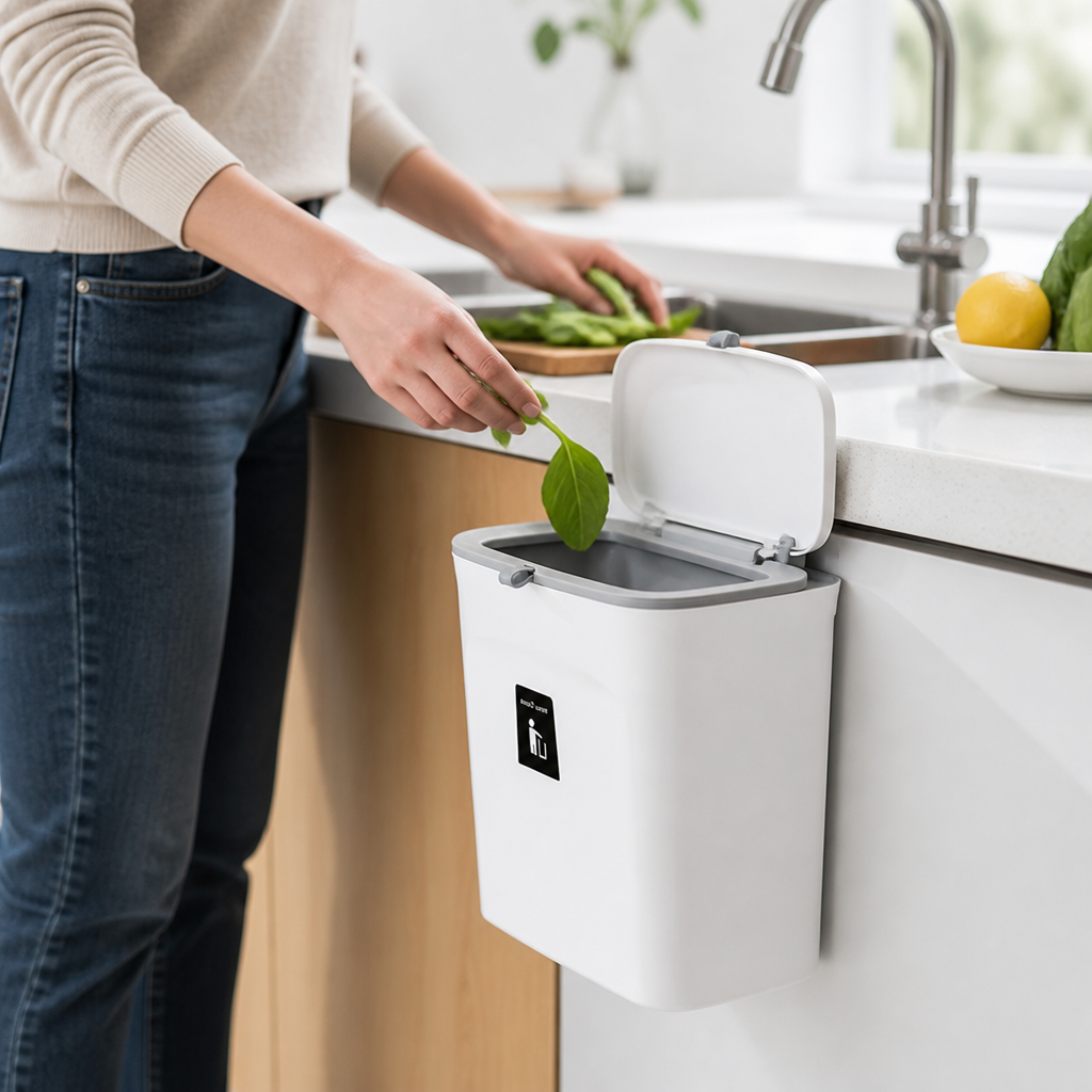 Lidded Over-the-Door & Adhesive-Mount Kitchen Waste Collector (Includes Scraper & Bags)
