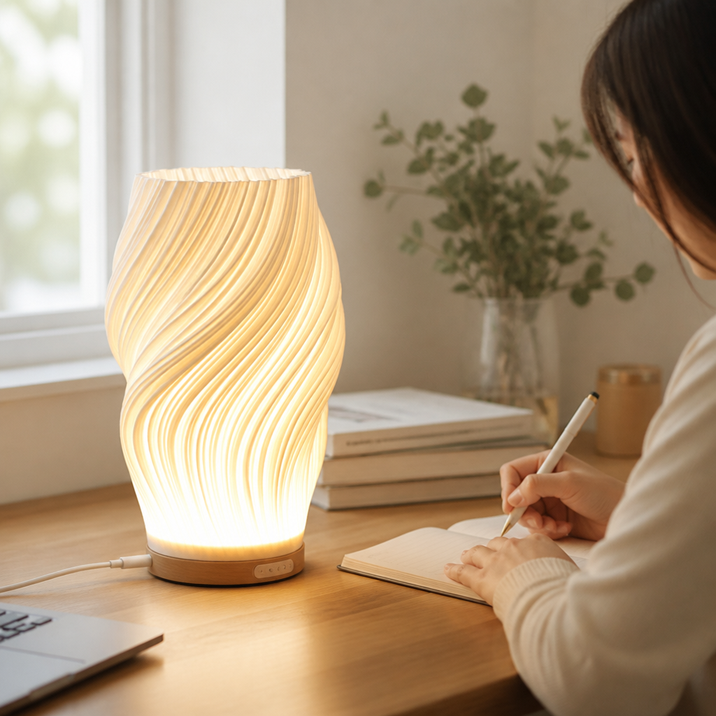 Fabric-Look Wave-Shaped Table Lamp (USB Powered, Touch Dimmer, Metal Base)
