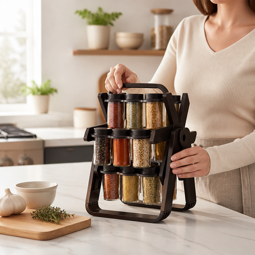 Foldable Rotating Spice Organizer with Glass Jars