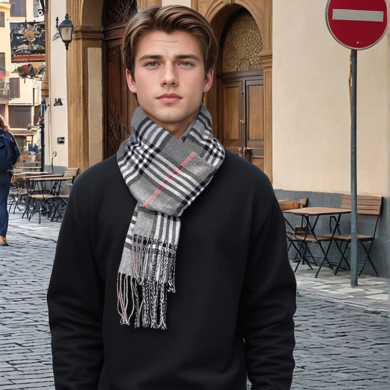 Elegant Plaid Cashmere Blend Winter Scarf for Men