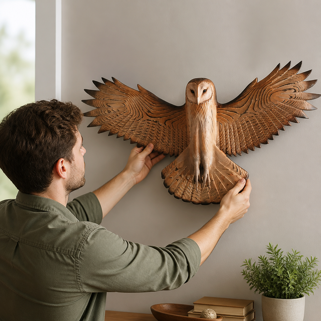 Handcrafted Natural Wood Owl Wall Sculpture (Pre-Installed Hooks)