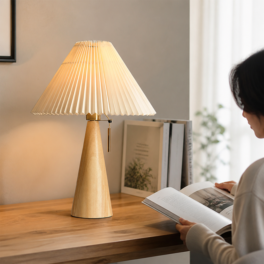 Pleated Fabric Shade & Conical Wood Base Table Lamp (Diameter 40cm x Height 50cm)