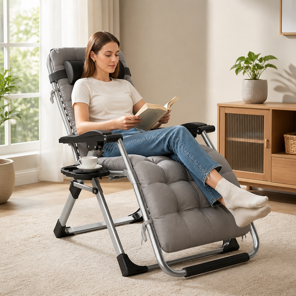 Padded Folding Beach Lounge Chair with Cup Holder