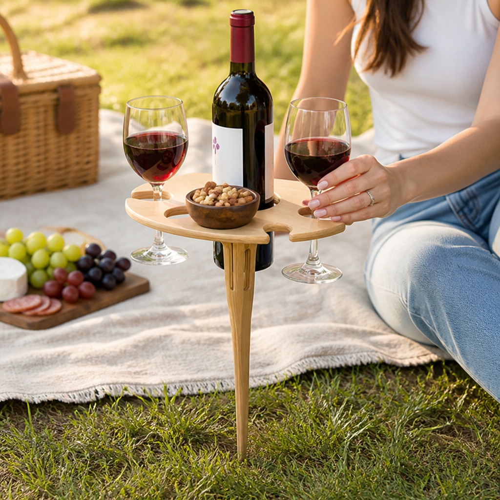 Portable Outdoor Wine and Snack Table (Ground-Spike Base, Wood Top with Glass Cutouts and Bottle Ring)