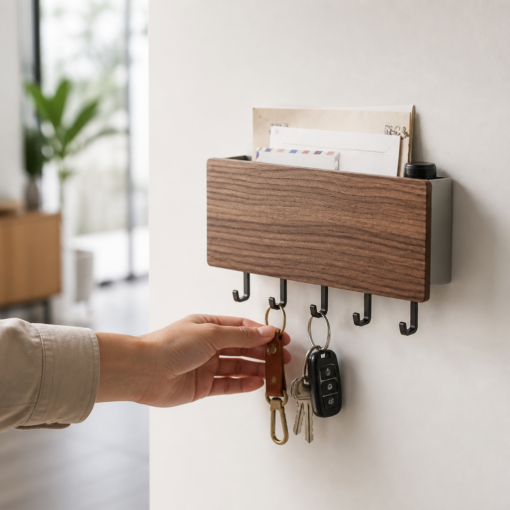 Natural Wood Wall-Mounted Key & Mail Organizer
