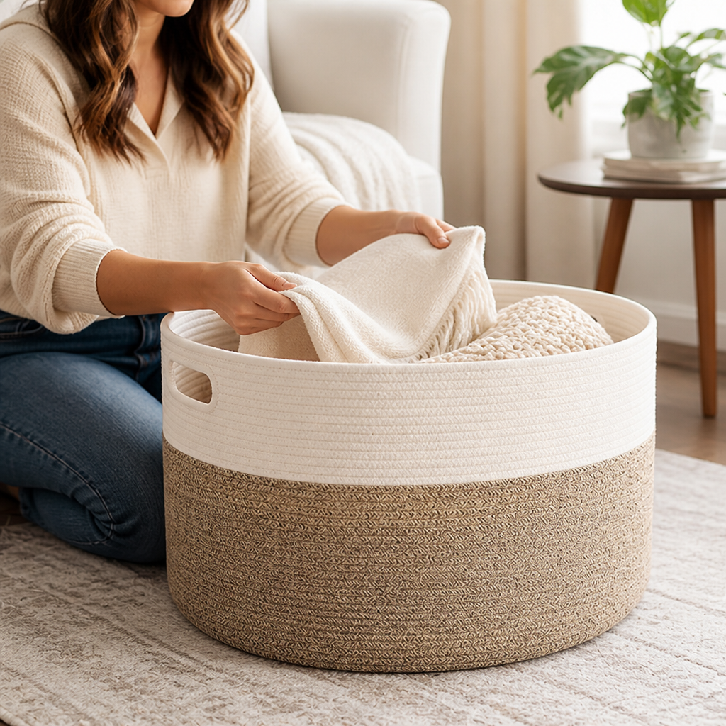 Round Woven Polyester Storage Basket (Built-In Handles)