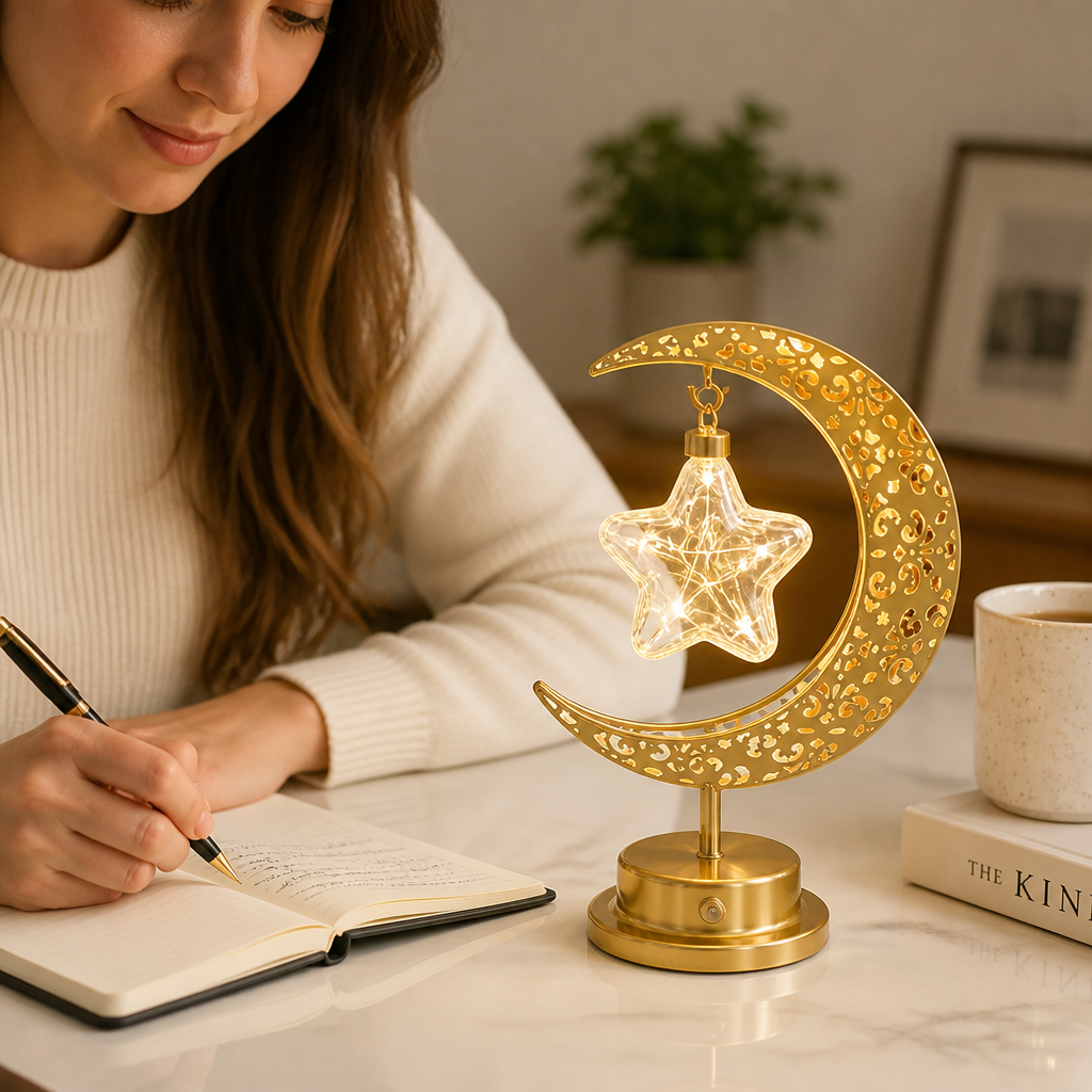 Warm White Crescent Moon & Star Table Lamp