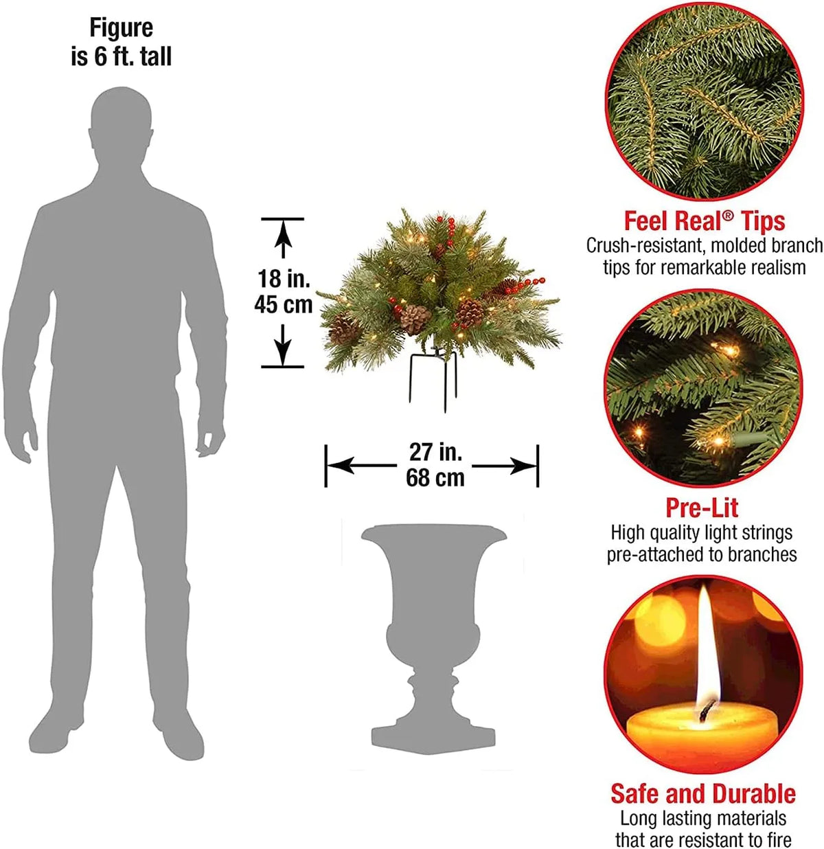 Lifelike Pre-Lit Holiday Urn Filler with Timer and LED Lights