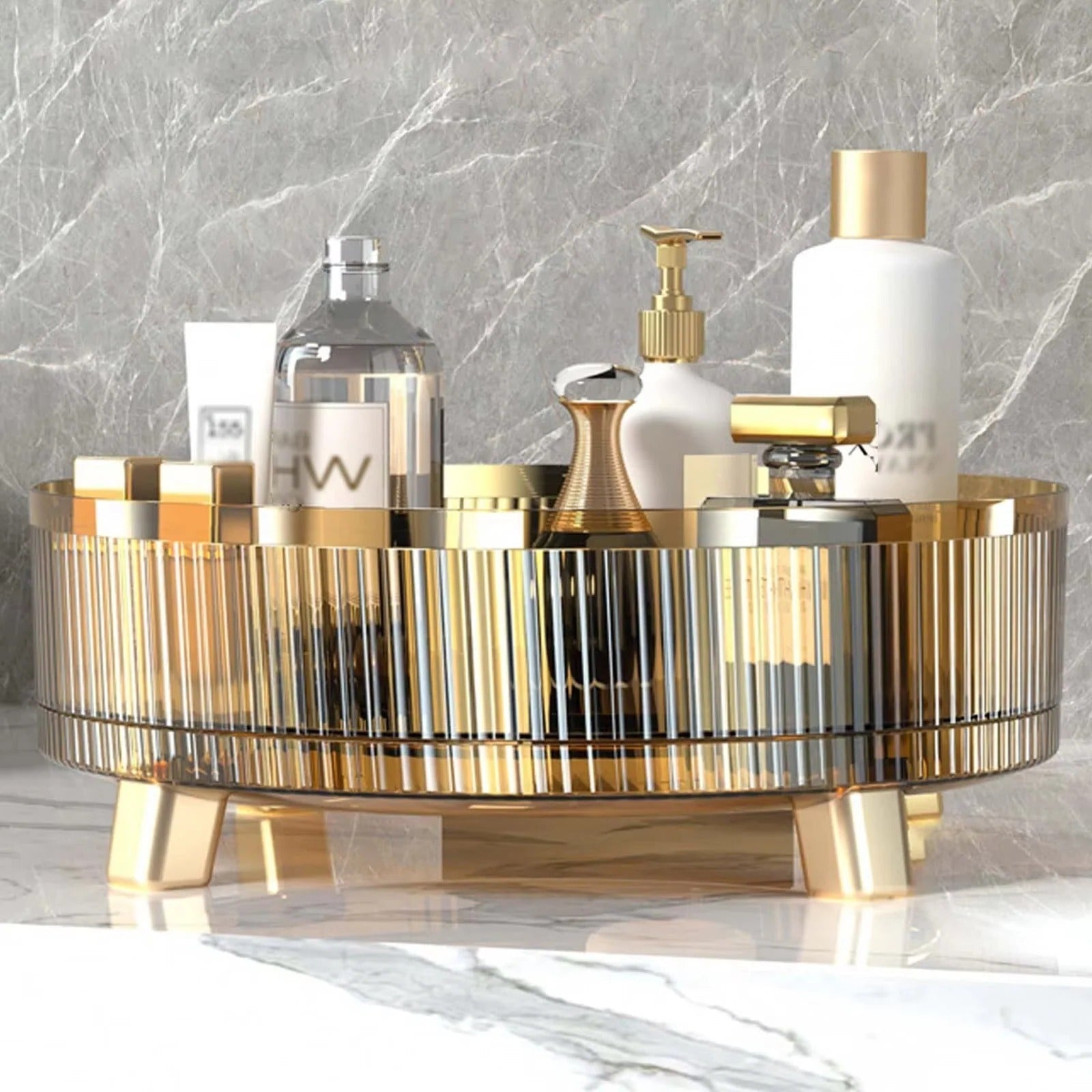 360-Degree Rotating Makeup Storage Tower in Clear Design