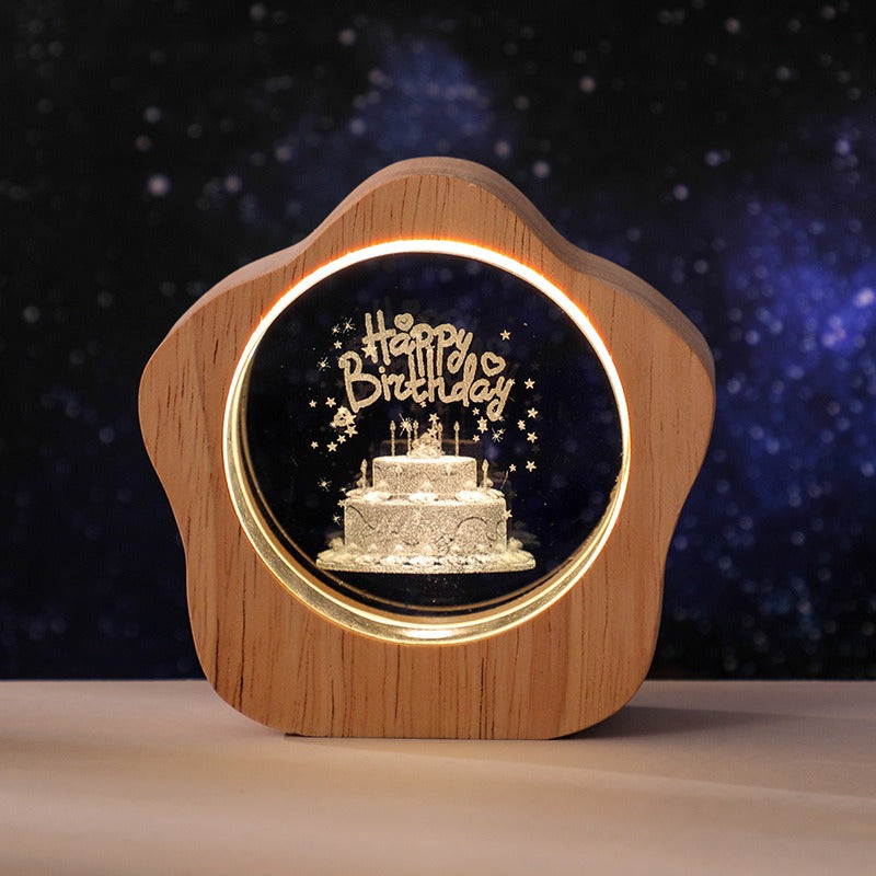Elegant 3D Crystal Night Light with Wooden Stand - USB Powered