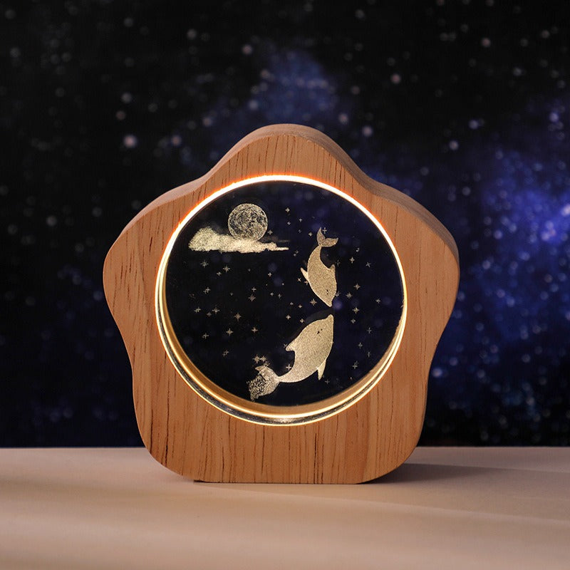 Elegant 3D Crystal Night Light with Wooden Stand - USB Powered