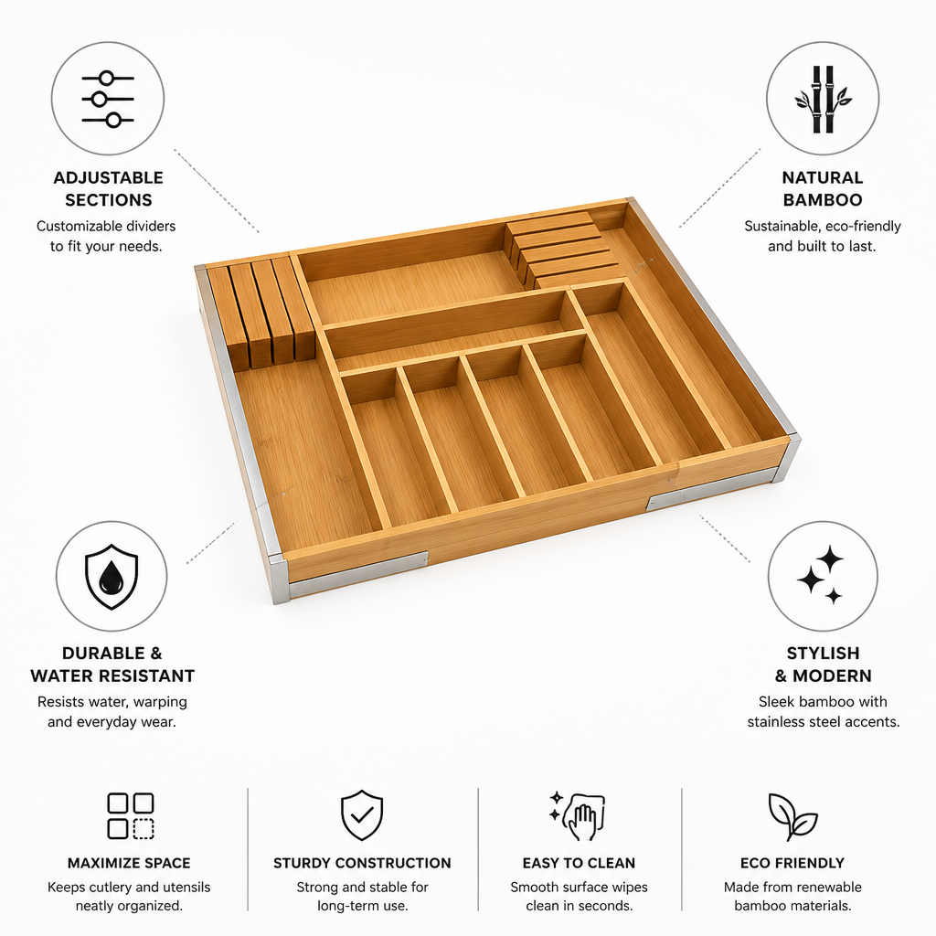 Bamboo Adjustable-Section Drawer Organizer