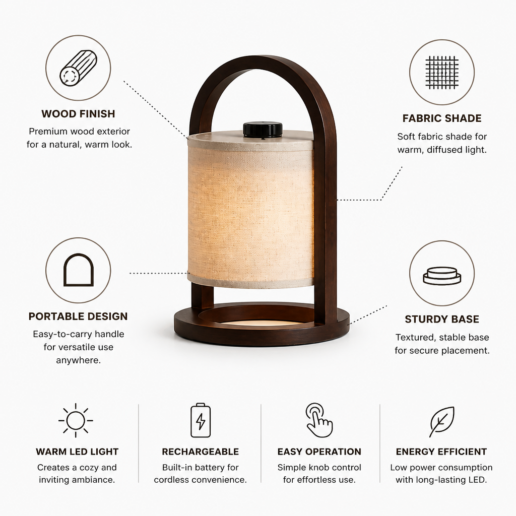 Wood-Finish Portable Fabric Shade LED Lamp