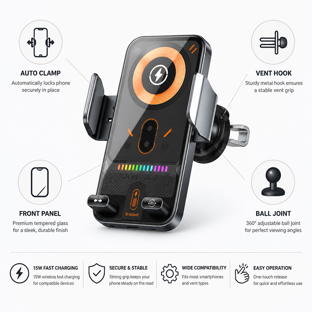Auto-Clamp Vent Clip Car Phone Mount with Tempered Glass
